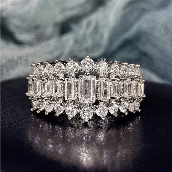 Wedding bridal anniversary sterling silver crown ring CZ  Rectangular Sp… - Picture 4 of 17